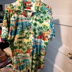Wrangler 1947 Authentic Western Wear Shirt Hawaiian Beach Horses Palm Trees Vtg